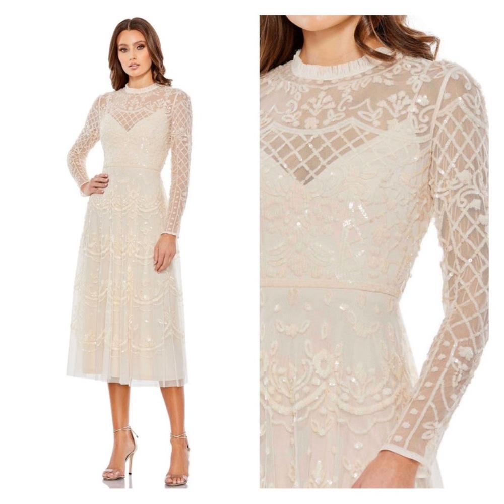 Mac Duggal 9142 Womens Size 8 Cream Ivory White Sequined Long Sleeve Midi Dress